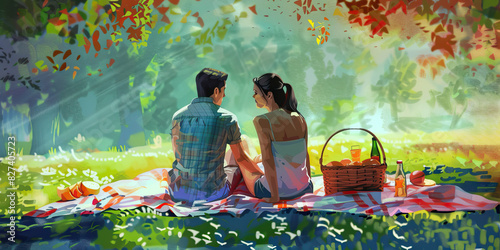 Picnic in the Park: A couple enjoying a picnic on a pastel-colored blanket, with a basket of food and drinks nearby, basking in each other's company