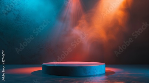A round 3d podium with a spotlight shining down on it. Mockup for product presentation. Display for cosmetics. Soft orange and blue colors background.