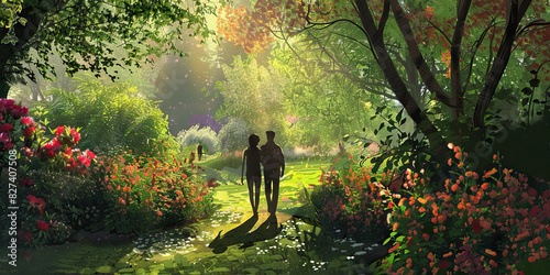 Garden Stroll: A couple walking through a pastel-colored garden, surrounded by blooming flowers and lush greenery, enjoying a peaceful moment together