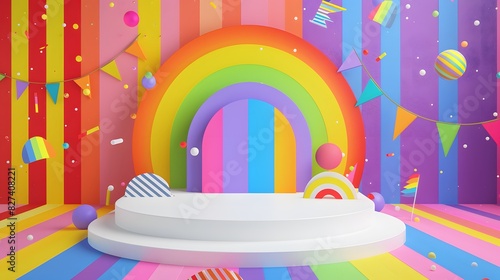 White podium for product showcasing with a lively Pride Month LGBTQ+ background featuring rainbow banners and patterns