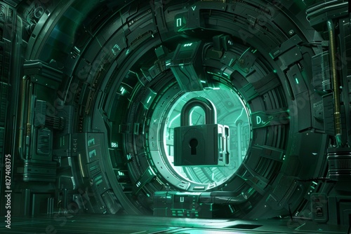 Digital padlock in a futuristic green chamber, representing advanced data protection and cybersecurity in a high tech environment