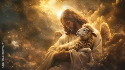 Heavenly figure cradling a lamb in a celestial, golden-hued cloudscape.