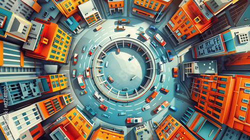Title: Aerial View of Futuristic Cityscape with Circular Road Network