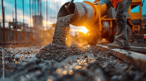 construction worker guiding a concrete mixer truck as it pours liquid concrete into a formwork mold at a construction site