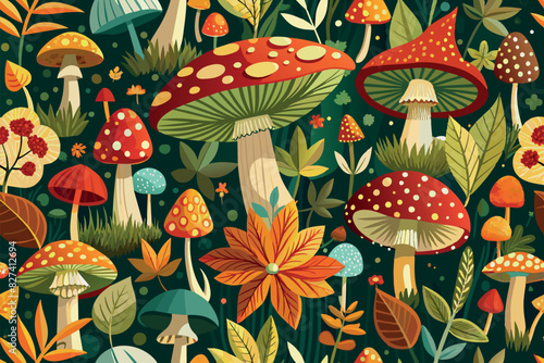 depicts various types of mushrooms and plants on a dark green background. they vary in size, shape and color: there are shades of red, orange, white and brown.