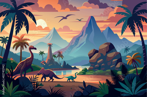 A vivid ancient landscape, apparently at sunset. Several dinosaurs can be seen here, including one with a long neck and tail, similar to a brachiosaur, and another smaller, bipedal dinosaur
