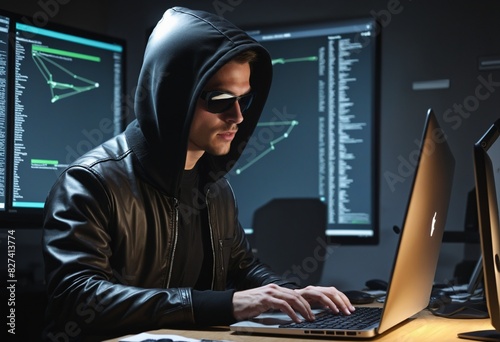 hacker in front of his laptop, committing digital cybercrime
