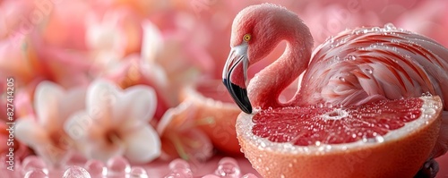 Pink flamingo cocktail stirrer in a halved grapefruit, pastel pink background, space for text, promoting fun and tropical drinks