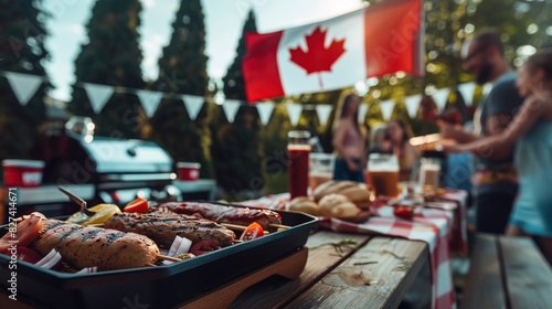 Backyard BBQ party in celebration of Canada Day with festive dec