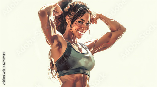 A woman in a fitness pose, flexing her muscles with a confident smile