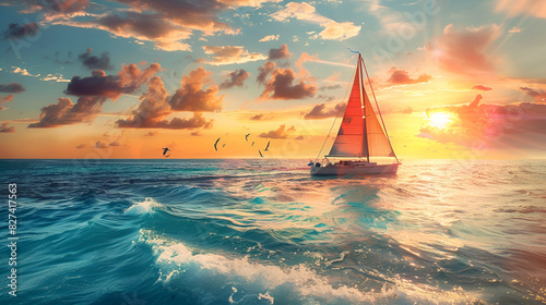 Sunset on the sea and sailing ship Luxury Prestige Regatta Sophistication with cloudy background 