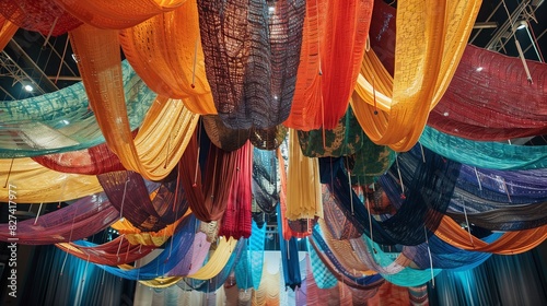 Textile art installations cascade from ceilings, creating a vibrant and dynamic visual experience at the expo.