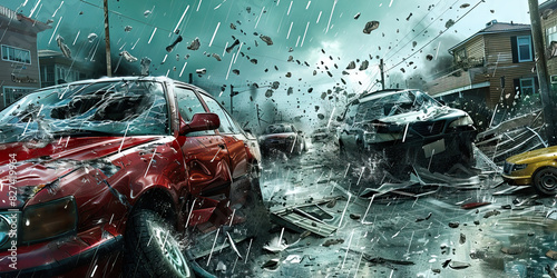 Hail Damage: A scene showing the aftermath of a hailstorm, with damaged cars, shattered windows, and dented roofs, illustrating the destructive power of hail