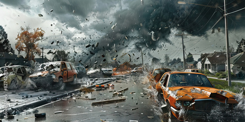 Hail Damage: A scene showing the aftermath of a hailstorm, with damaged cars, shattered windows, and dented roofs, illustrating the destructive power of hail