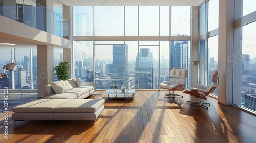 Living room of a large white apartment with furniture and a view of the skyscrapers in the city center is visible in the window.