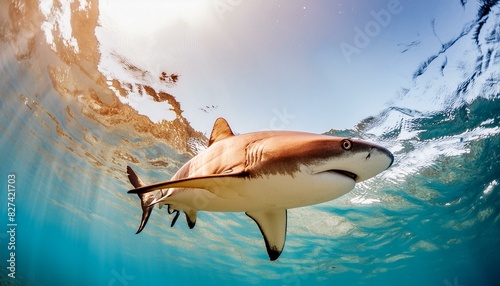 shark in the sea ocean water scene; copy space, travel, tourism and wildlife exploration act.