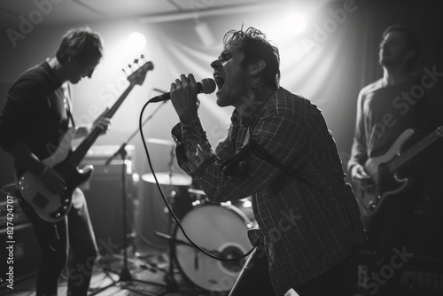 An obscured-face rock band captured in a live performance scene