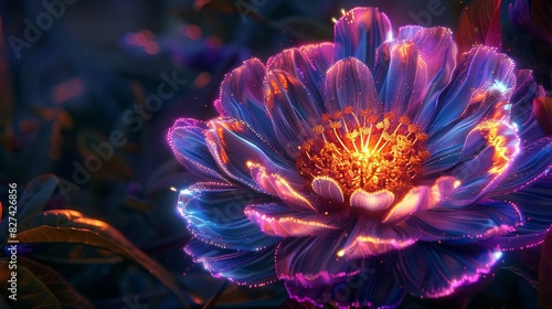 A stunning close-up of a vibrant, glowing flower with neon-like colors against a dark background, showcasing nature's beauty.