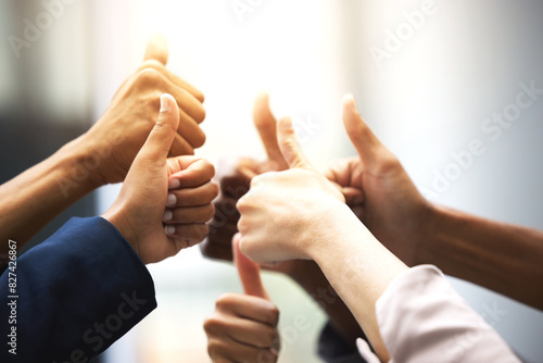 Business people, hands and thumbs up for support, success and team work in office collaboration. Worker, group or circle in like, yes and okay gesture for good job, winning and well done with goals