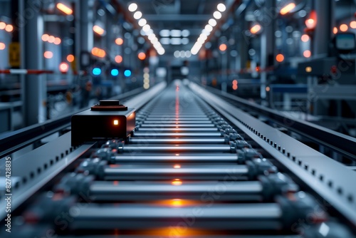Automated conveyor system in a high-tech manufacturing facility with glowing lights and advanced machinery for efficient production.