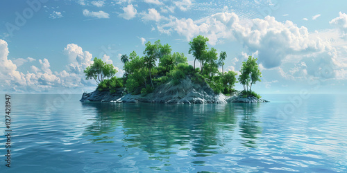 Deserted Island: An uninhabited island with no buildings or structures, surrounded by calm waters, evoking a sense of isolation and solitude