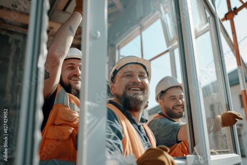 Smiling construction workers in reflective vests install a window together in a bright setting
