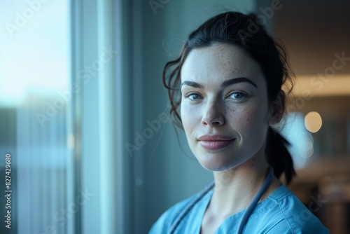 A soft, inviting image of a nurse with a subtle smile standing near a window, exuding calmness