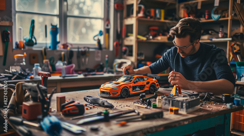 Model Car Hobbyist: Meticulous Assembly at Workshop Table