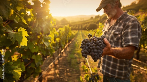 Vineyard Farmer Examining Ripe Grapes in Sunlit Vineyard at Sunset