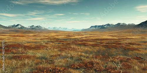 Barren Tundra Terrain: A vast tundra landscape with sparse vegetation and no visible signs of life, highlighting the stark emptiness of the Arctic wilderness