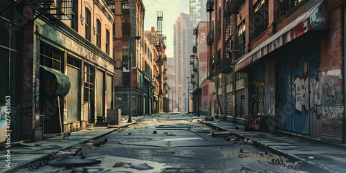 Abandoned Urban Scene: An urban environment with empty streets and buildings, showcasing a sense of abandonment and isolation in an otherwise bustling cityscape