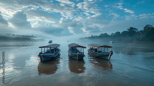 Several vessels situated in the midst of a vast river