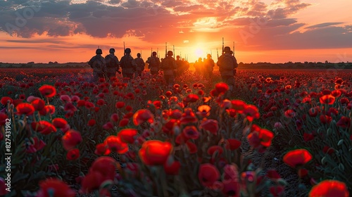 Soldiers are seen marching through a poppy field during sunset, creating a cinematic military scene filled with vibrant colors. This serves as a Memorial Day tribute to the fallen soldiers, making it