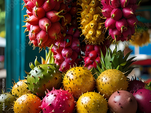 Exotic Fruit Fiesta Colorful Market Stall Delights with Dragon Fruit, Rambutan, Starfruit, and Passionfruit Galore!