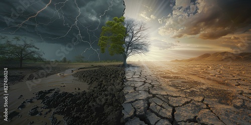 A split landscape with flooding on one side and drought on the other. Global warming and ecology concept. Digital illustration for poster, banner, presentation 