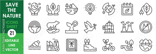 A set of line icons related to save the nature. Environment, no pollution, save nature, save trees and birds, ecology and so on. Vector outline icons set.