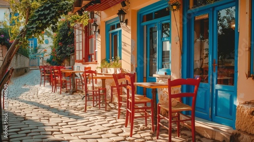 A charming outdoor café with blue doors and windows, located in a sunlit, cobblestone street