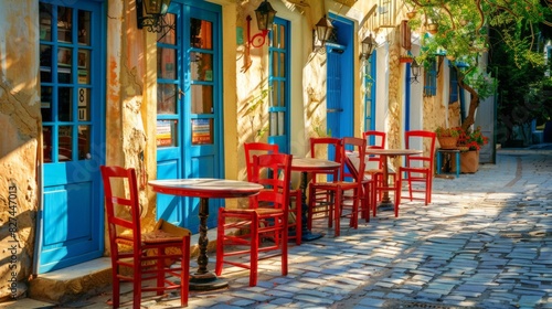 A charming outdoor café with blue doors and windows, located in a sunlit, cobblestone street
