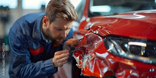 Auto body repair specialist diligently fixes dented car fenders for flawless restoration. Concept Auto body repair, Dented fenders, Restoration, Flawless finish, Specialist work