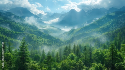 Alpine forest with towering pine trees and mountain backdrop, adventure theme