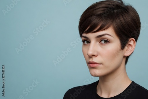 Thoughtful androgyne woman against a blue background with copy space.