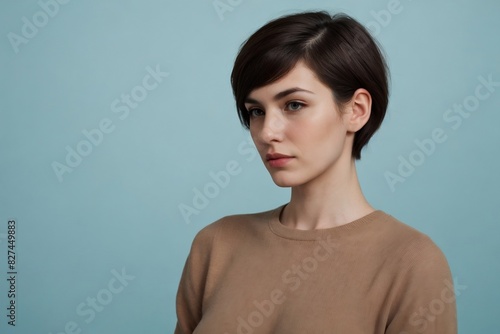 Thoughtful androgyne woman against a blue background with copy space.