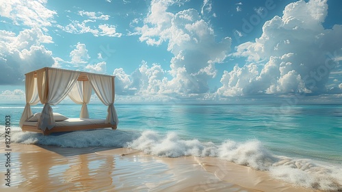 Minimalist gazebo with sofas at luxury beach retreat resort in morning sunlight. Bar terrace on sea coast against fluffy clouds in blue sky