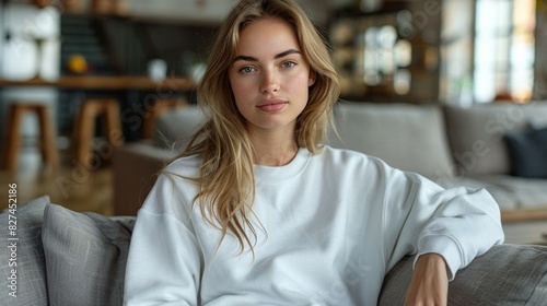 A young beautiful woman sitting on a couch in a plain white sweatshirt against the backdrop of a room. Mockup template for long-sleeve or sweatshirt design print.