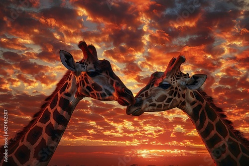 two giraffes touching noses in front of a sunset