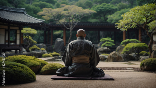 Meditating Asian bald monk sitting and contemplating in Japanese zen garden