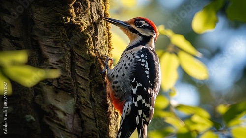 Photo of a woodpecker in action, pecking a tree trunk