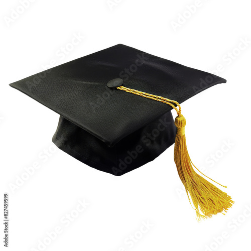 Black graduation cap with a gold tassel, symbolizing academic achievement and success on white background.