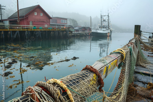 Old fishing footbridge in the fishing port with a cutter and a house on the shore, foggy weather 