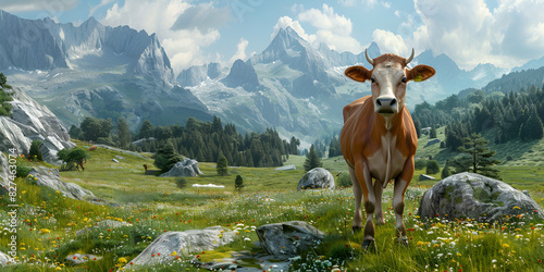 A cow standing in a field ,Cow grazing in a mountain meadow